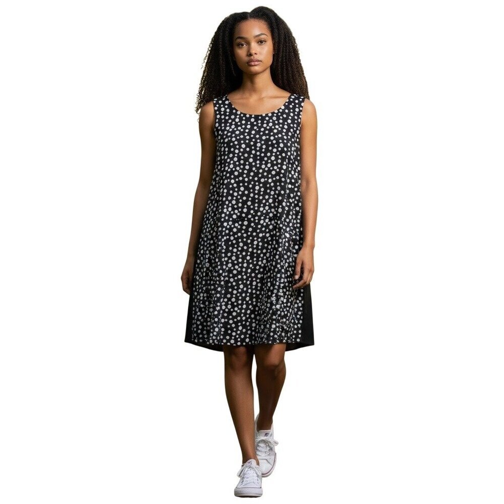 Finity NEW Black Shift Tank Dress White Polka Dots Size 8 Lightweight Fun Summer